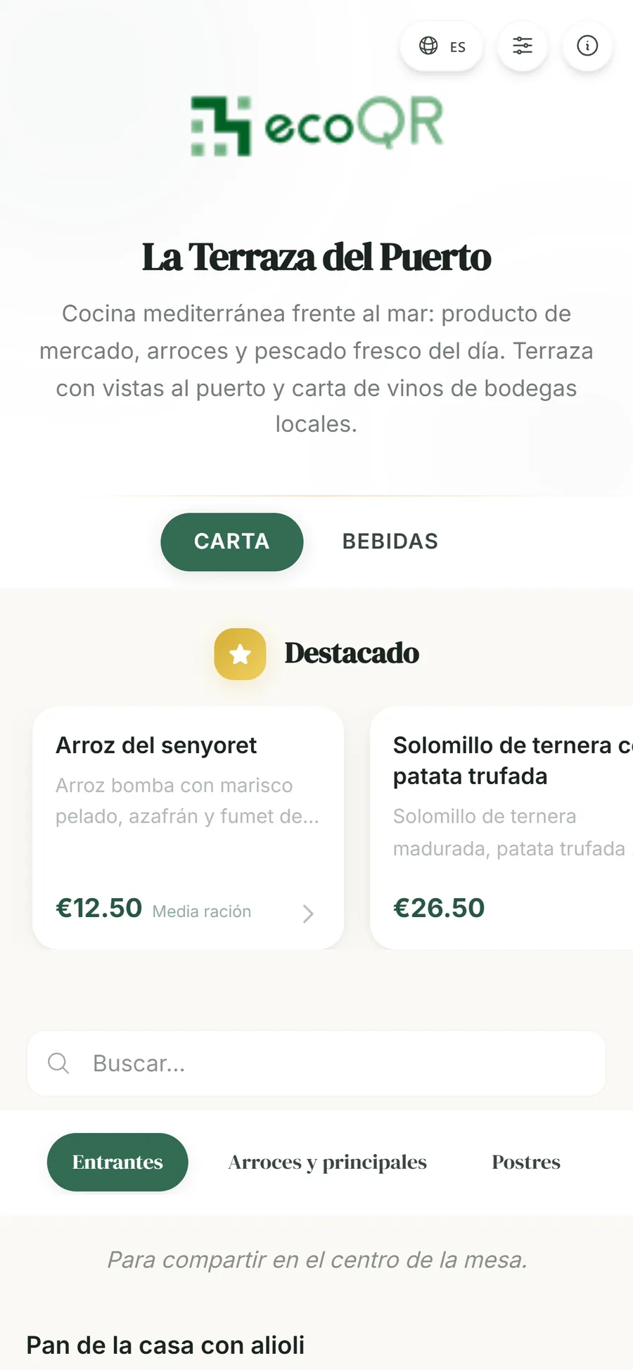 Carta digital real de La Terraza del Puerto en un móvil