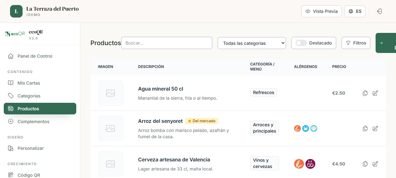 Gestión real de productos, categorías y alérgenos en ecoQR